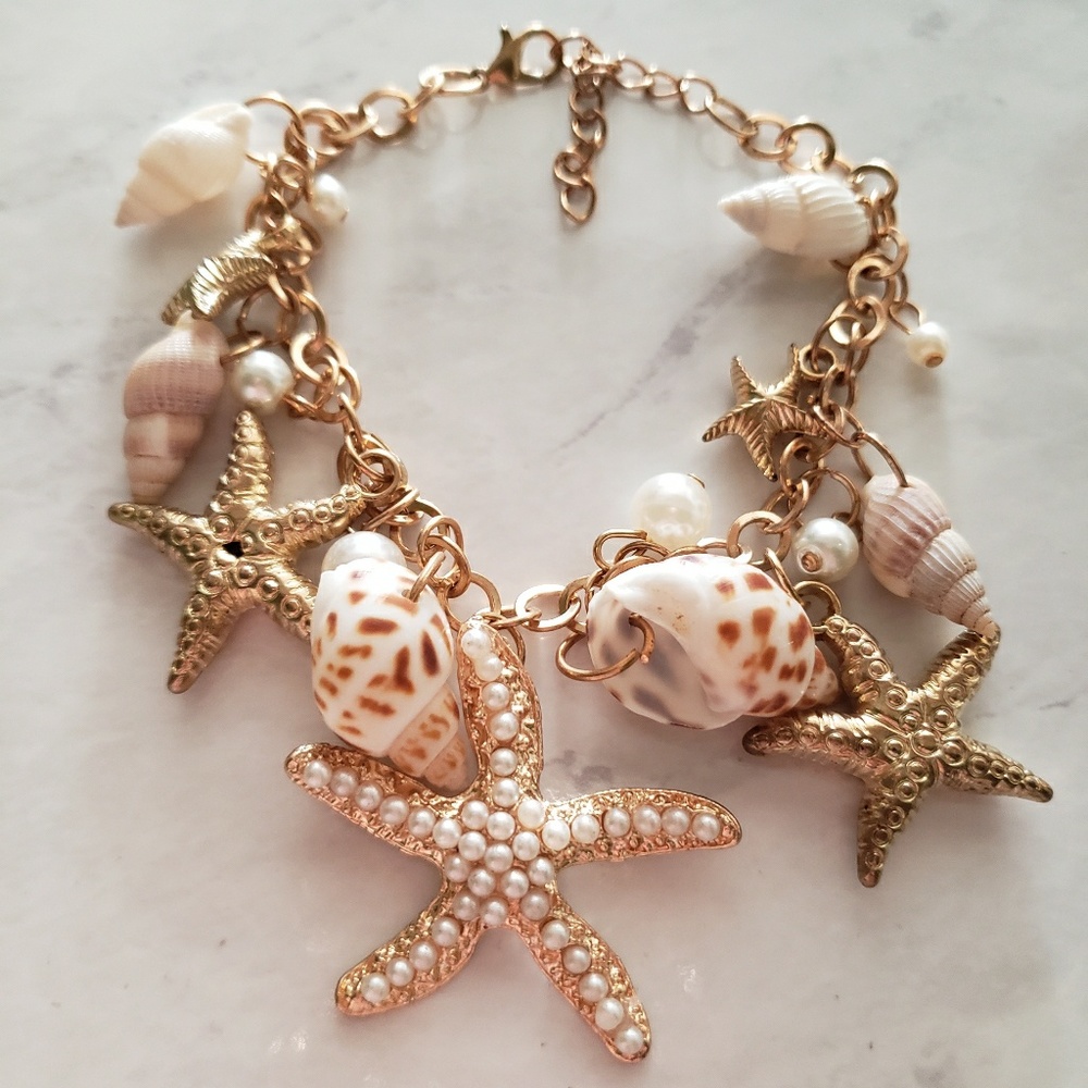 Pearl & Gold Sea Shells Charm Bracelet New Wedding